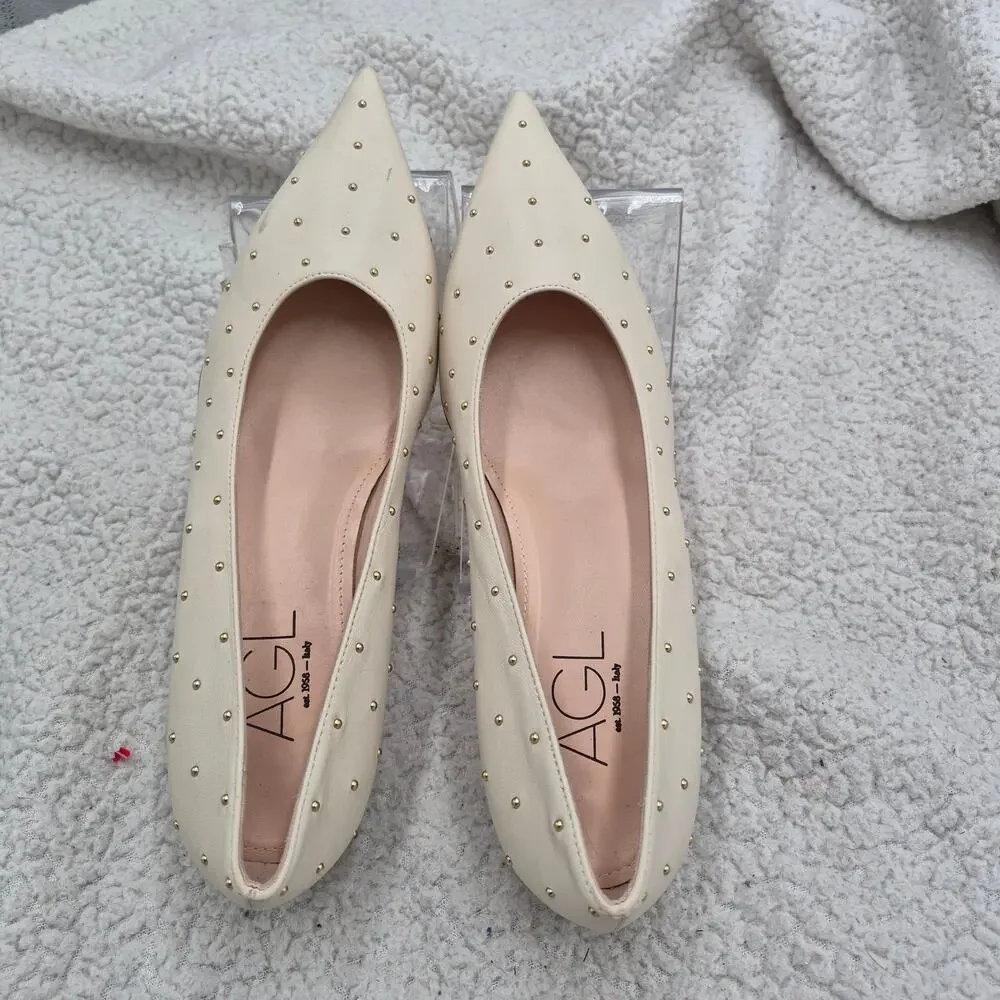 NEW AGL Lenor white leather stud kitten heels Women's Size 38.5 US 8.5